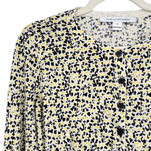 Diane Von Furstenberg Silk Blend Floral Cardigan Sweater Black Yellow Medium - Picture 2 of 11